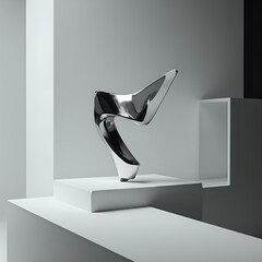 Wall Mural - a sleek, metallic sculpture with a curved, pointed form is perched atop a pedestal against a minimal