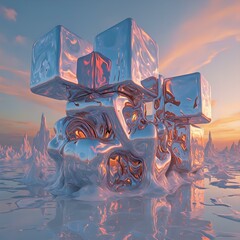 Wall Mural - the image showcases a surreal, three-dimensional cube structure with reflective, metallic surfaces t