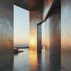 Wall Mural - an interior space with a reflective floor and large columns with a warm sunset glow in the backgroun