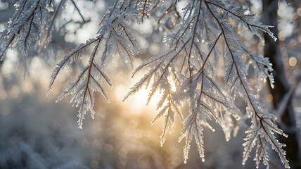 tree branches covered in white frost or hoarfrost, backlit by a soft winter morning sun