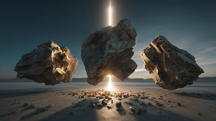 Wall Mural - Three Golden Rocks Floating at Sunset Over a Calm Beach