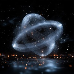 Wall Mural - 3D holographic wireframe object spinning in black void,generative ai illustration