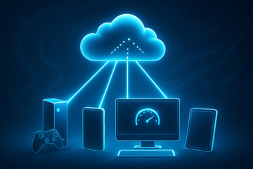 Leinwandbilder - cloud gaming and latency concept. Cloud computing concept connecting various devices digitally.