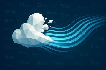 Poster - cloud gaming and latency concept. Polygonal cloud with flowing lines on a dark background.