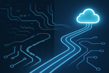 Leinwandbilder - cloud gaming and latency concept. Digital cloud technology with circuit patterns and glowing connections.