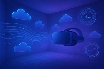 Poster - cloud gaming and latency concept. Virtual reality headset in a blue digital environment with cloud motifs.