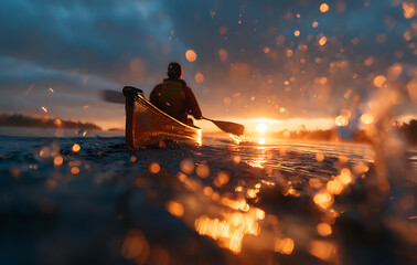 Wall Mural - Kayaker at Sunrise, Golden Hour Water Reflection, Calm Ocean Paddle