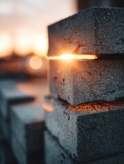 Leinwandbilder - Lightweight Blocks Illuminated by Sunlight Creating a Warm Glow Against a Soft Background During Sunset