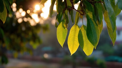 Poster - Bodhi Tree Leaves Illuminated by Sunrise Glowing Bright in Morning Light