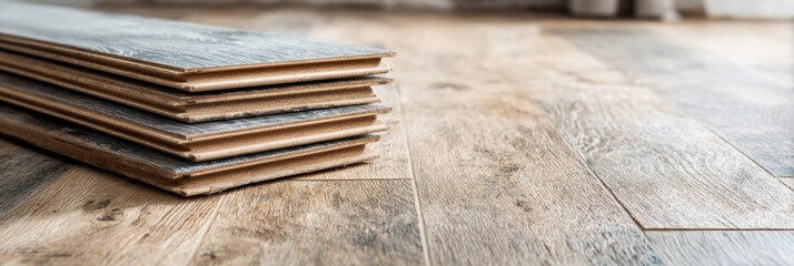 Aufkleber - Laminated Flooring Stacked on Clean Surface With Ample Copy Space for Text or Branding Above