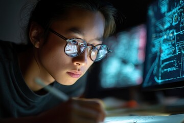 determined asian student coding neural network model on computer with complex data visualized in gla