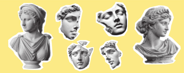 Antique Sculpture Faces Vector Halftone Illustration on Yellow Background