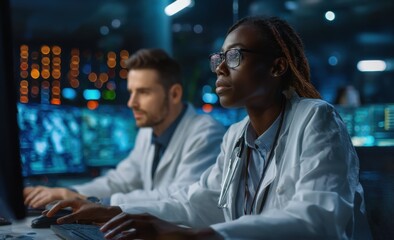 Fototapete - Two Medical Professionals Working Late at Night in a Data Center, Emphasizing Healthcare Innovation and Technological Advancement in Patient Care : Generative AI