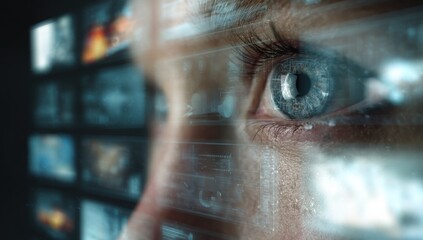 Fototapete - Close-Up of Human Eye With Digital Interface Overlay, Illustrating Technology Integration and Future Vision, Ideal for Innovation and Digital Transformation Campaigns : Generative AI
