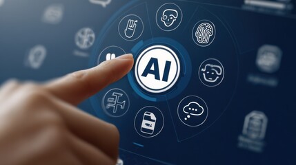 Leinwandbilder - Finger Tapping Ai Button on Digital Interface, Illustrating Machine Learning and Technology Innovation for Business Transformation and Automation : Generative AI