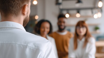 Aufkleber - Man Leading Diverse Team Meeting in Modern Office, Showcasing Leadership and Corporate Training, Promoting Employee Engagement and Collaboration : Generative AI