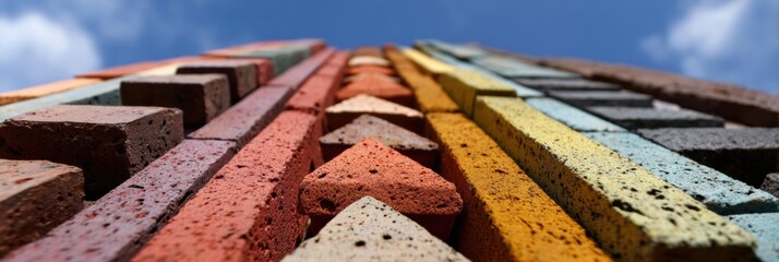 Aufkleber - Colorful Decorative Bricks Arranged in a Diagonal Row Against a Bright Sky Showcasing Unique Textures and Hues