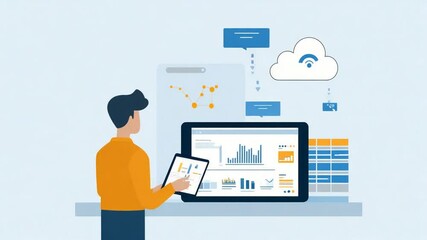 Data Analytics: Man Working with Cloud Computing and Big Data