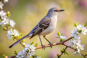 Naklejka na meble A beautiful grey and white Northern Mockingbird perches on a delicate twig of a blooming tree, showcasing its distinctive markings and elegant plumage.