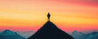 © Pui - Silhouette of a person on a mountain peak at sunrise inspirational branding, A figure standing triumphantly atop a mountain peak during a vibrant sunset, showcasing adventure and exploration.
