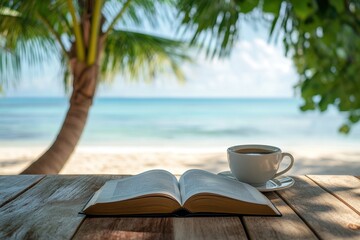 Wall Mural - Enjoying a relaxing afternoon reading a book by the beach with a cup of coffee, reading book concept with A cup of coffee beside opened book with beach view