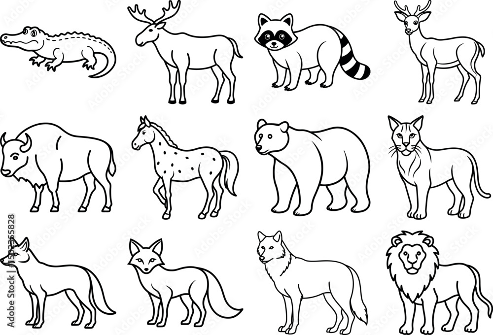 Line Plot Example Animals Animals Line Art Collection Wolf, Biso,n Hors,e Dee,r Raccoon, Bear ...