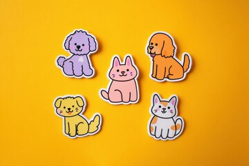 Poster - Cute Pet Stickers Featuring Playful Designs on a Bright Yellow Background With Clear Margins for Easy Application and Decoration