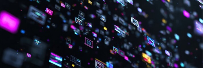 Fototapete - Glitch-style Digital Stickers Float Over a Dark Screen With a Center Fade Creating a Vibrant Abstract Visual Display
