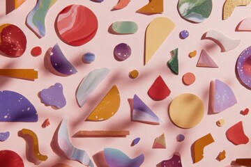 Fototapete - Abstract Art Sticker Shapes Create a Dynamic Visual Display on a Soft Pink Background With Clear Upper Third for Creative Design Possibilities