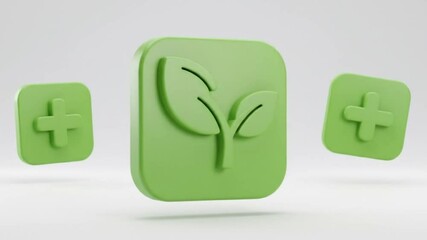 Three dimensional green icons featuring a plant and a plus sign floating on a white surface