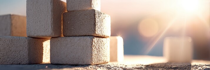 Poster - Lightweight Blocks Stacked Under Bright Sunlight in a Serene Environment With a Soft Background Creating a Tranquil Atmosphere