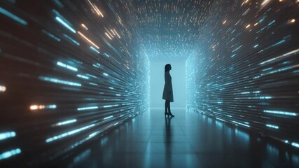 Wall Mural - digital pathway: a solitary figure stands poised within a luminous digital tunnel, a realm of interc