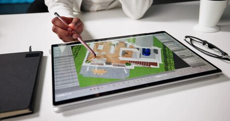 Poster - Female Real Estate Agent Uses 3D Tablet Model