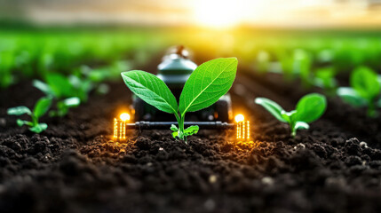 Poster - Young plant grows in fertile soil with sunlight in background, symbolizing sustainable agriculture and food security. vibrant green leaves and rich soil highlight climate change resilience