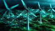 © KM - Futuristic wind turbines spin in digital landscape, symbolizing transition to zero carbon economy. scene is vibrant and innovative, highlighting renewable energy