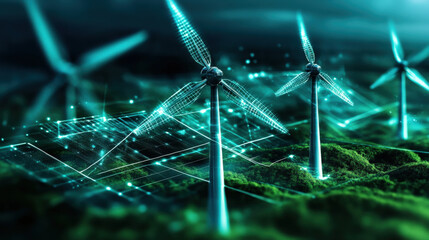 Leinwandbilder - Futuristic wind turbines spin in digital landscape, symbolizing transition to zero carbon economy. scene is vibrant and innovative, highlighting renewable energy