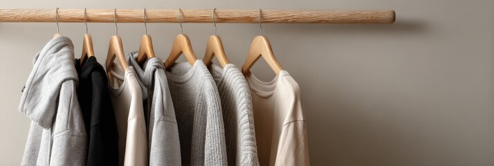 Leinwandbilder - Minimalist Clothing Rack Displaying Gym Wear in Soft Hues Against a Neutral Backdrop in a Contemporary Space
