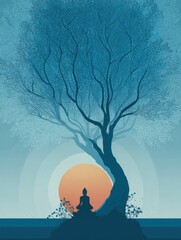 Aufkleber - Meditating Buddha Under a Bodhi Tree at Sunset in a Serene Setting