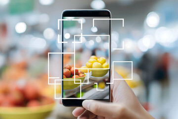 A person photographs fresh fruits in a market using a smartphone with digital focus marks visible on the screen.