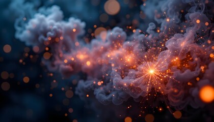 dark abstract bokeh background with magic smoke sparks and neon glow