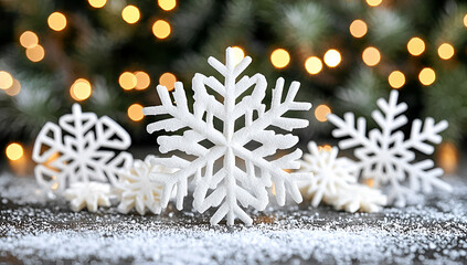decorative white snowflakes arranged on a wooden surface with blurred christmas lights and fir tree 