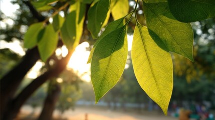 Poster - Glowing Bodhi Tree Leaves Illuminated by Morning Sunlight in a Serene Park Setting