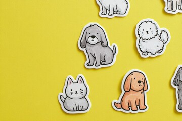 Poster - Cute Pet Stickers Featuring Playful Dogs and Cats on a Cheerful Yellow Background Create an Adorable and Vibrant Collection for Your Creative Projects