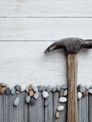 Poster - Crafting With Hammer and Nails on Wooden Texture, Showcasing a Creative Workspace and Tools for DIY Projects