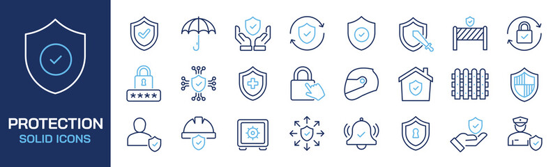 Sticker - set of collection line icons related protection, safety, defense, security. editable stroke. perfect