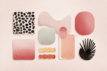 Fototapete - Layered Abstract Art Shapes on Soft Pink Background With Clear Upper Third Showcasing Modern Artistic Design