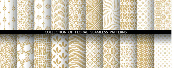 Leinwandbilder - Geometric floral set of seamless patterns. White and golden vector backgrounds. Damask graphic ornaments