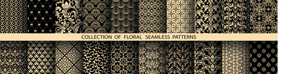 Leinwandbilder - Geometric floral set of seamless patterns. Golden and black vector backgrounds. Damask graphic ornaments
