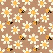 © Enka Enka - Cute seamless pattern with smiling bees and daisies on a brown background. Perfect for kids’ fabric, wrapping paper, nursery decor, and spring-themed designs.