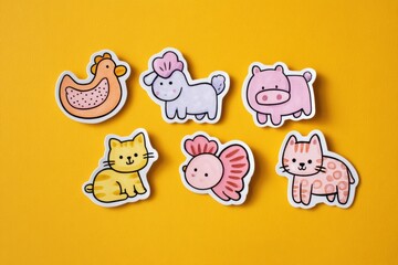 Poster - Cute Pet Stickers Featuring Adorable Animals on a Bright Yellow Background With Clear Margin on the Right Side